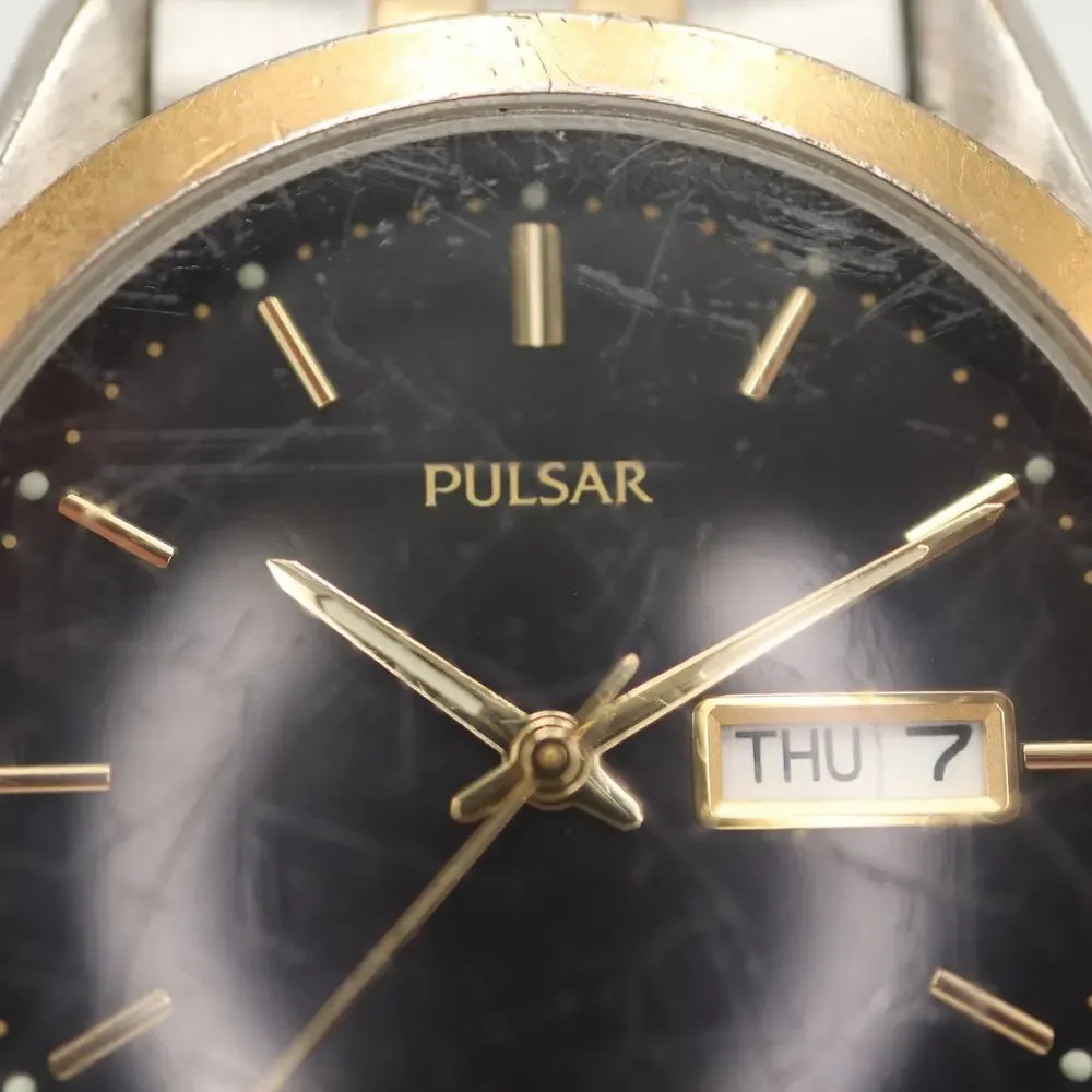 Vintage Pulsar Mens Two Tone Day Date Watch 38mm Gray Dial V733-X061 New Battery